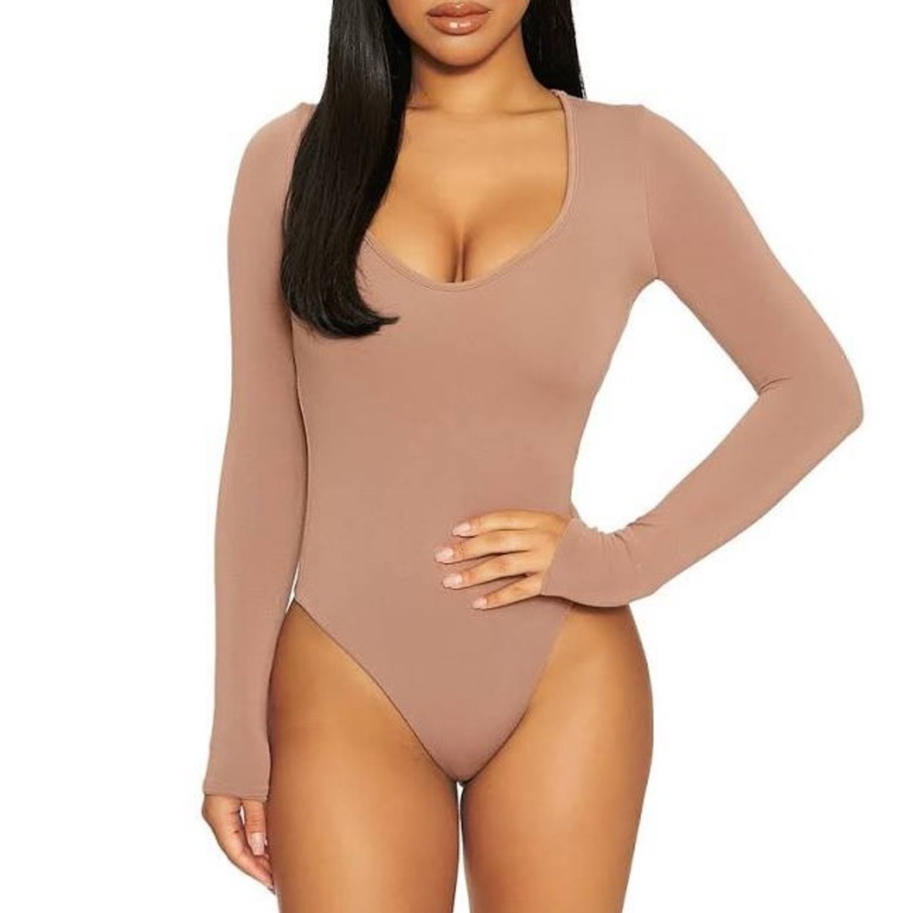 Naked Wardrobe Come Around Thong Bodysuit - Taupe